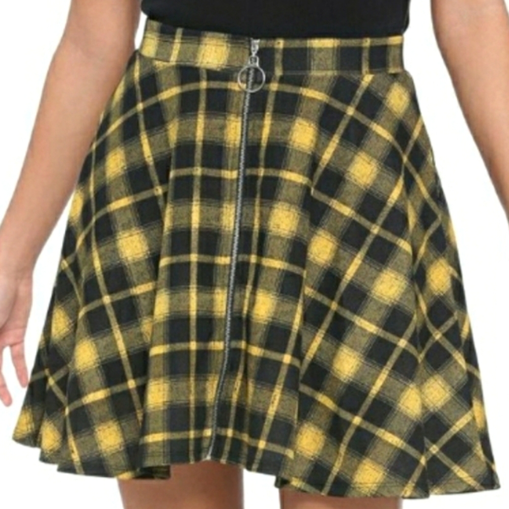 NEW MIDNIGHT HOUR Yellow Black Plaid Print Zipper Front A-Line Skirt Small